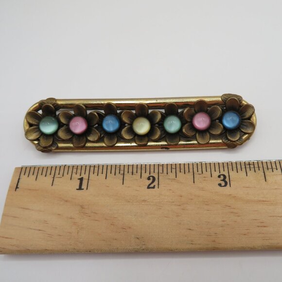Vintage Neiger Brothers Czech Glass Cabochon Stone Floral Bar Brooch - Picture 8 of 8